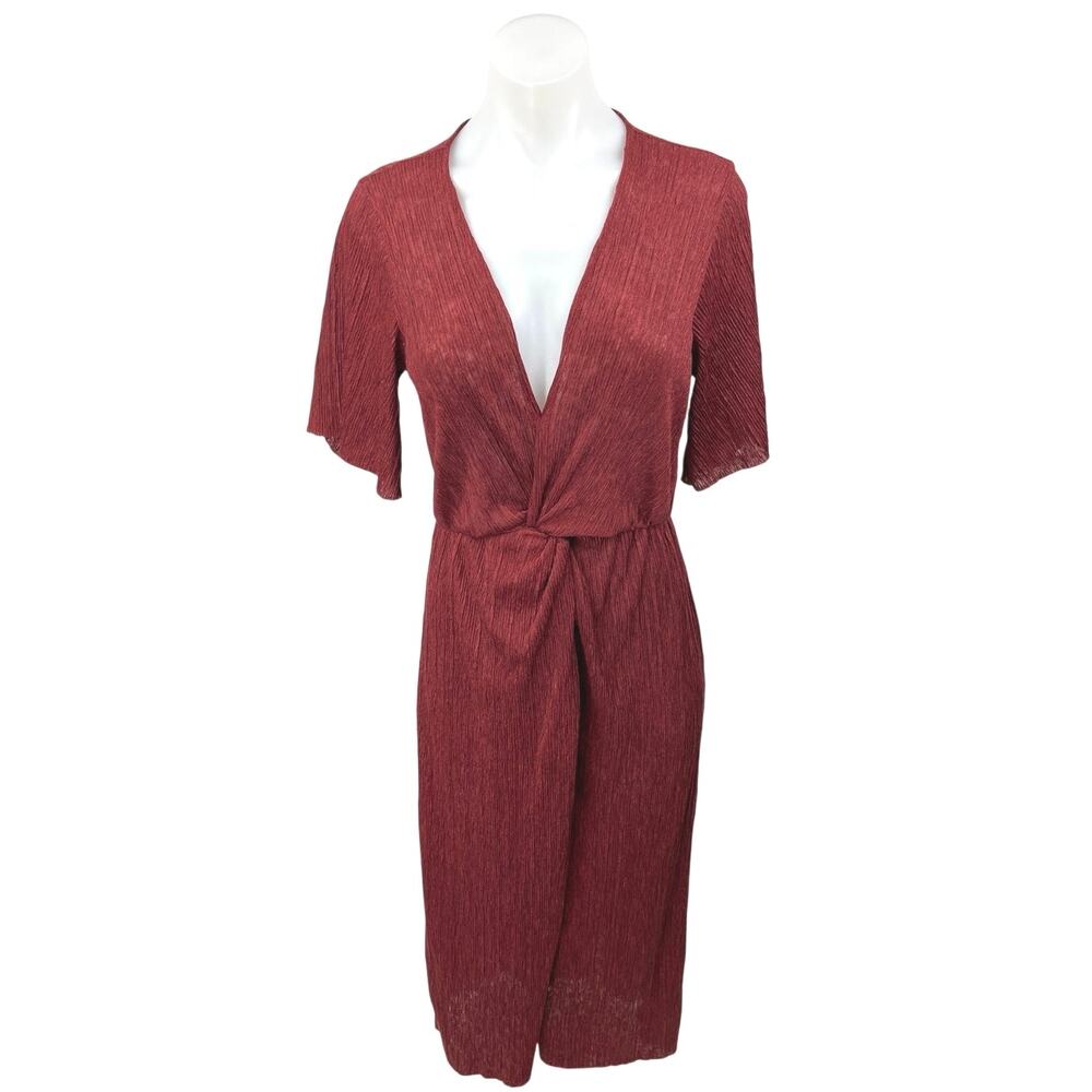 Lush Women's Red Twist Knot Front Short Sleeve V-Neck Midi Wrap A-Line Dress S